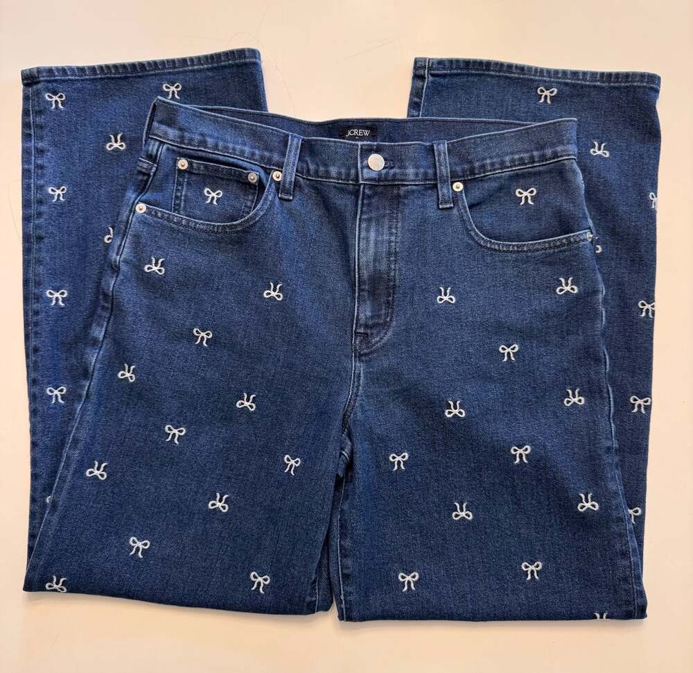 J.Crew Factory Bow-Embroidered Slim Wide-Leg Jean in All-Day Stretch